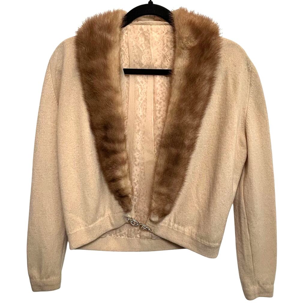 1950s Cashmere Cardigan Detachable Mink Fur Collar SIZE S Rhinestone Clasp Glam